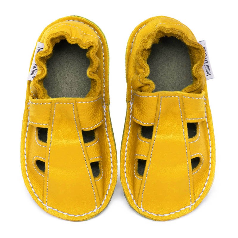 Chaussures cuir Jaune soleil souples \\"P'tite Gomme été\\", semelle caoutchouc