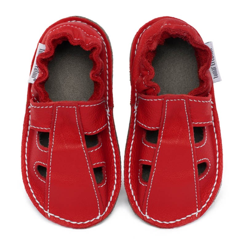 Chaussures cuir Rouge santa claus souples \\"P'tite Gomme été\\", semelle caoutchouc