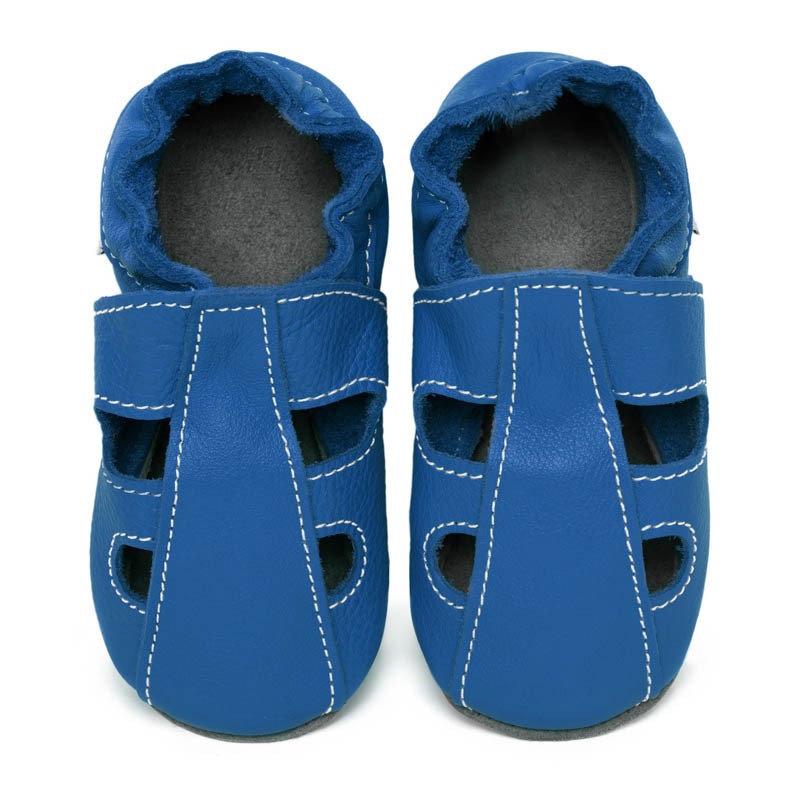 chaussons bebe garcon en cuir imprime et col elastique bleu bebe