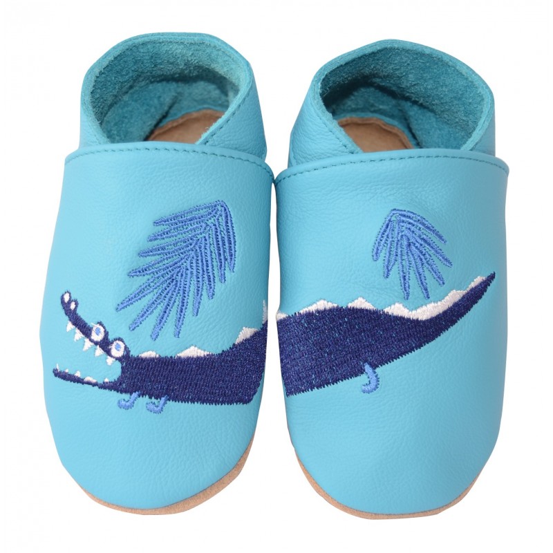 Chaussons cuir bébé Crocodile bleu