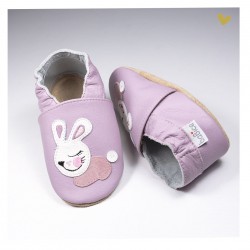 Chausson cuir souple lapin fond lilas