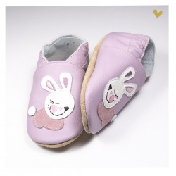 Chausson cuir souple lapin fond lilas