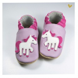 Chausson cuir souple Licorne fond rose