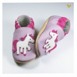 Chausson cuir souple Licorne fond rose