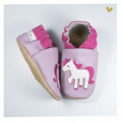 Chausson cuir souple Licorne fond rose