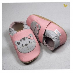 Chausson cuir souple Chat fond rose clair