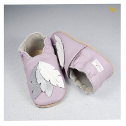 Chaussons cuir souple Plume fond rose