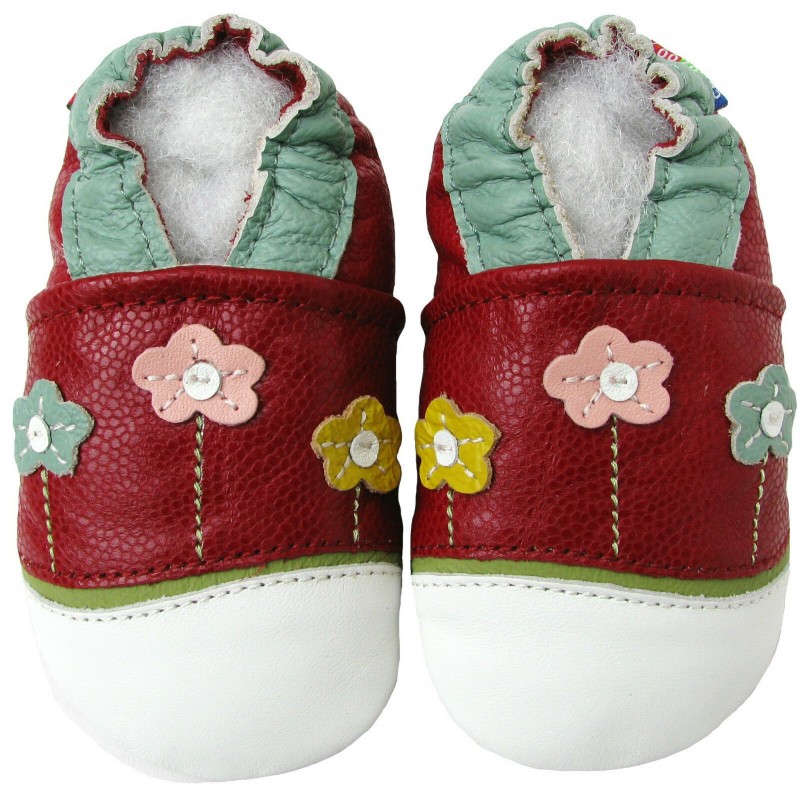 Chaussons cuir fille Carozoo fleurs fond rouge Chaussons cuir fille Carozoo fleurs fond rouge