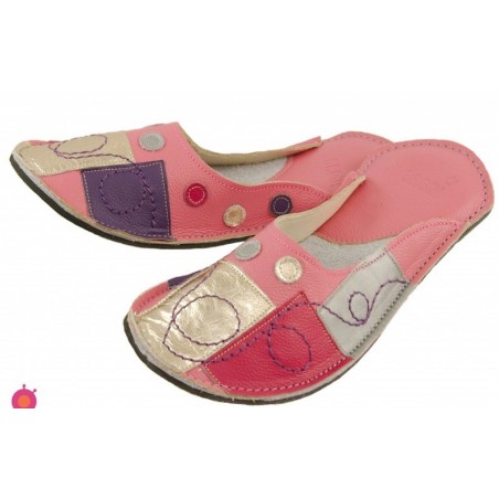 Chaussons cuir adulte Patchwork fond rose