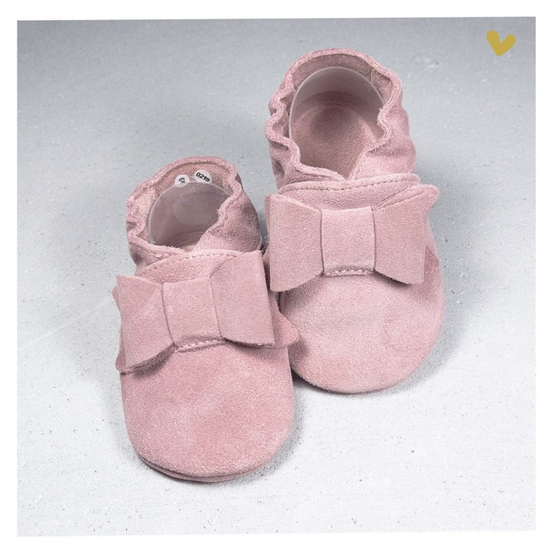 Chaussons cuir souple Noeud rose