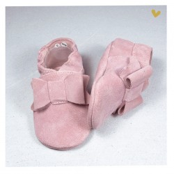 Chaussons cuir souple Noeud rose