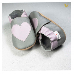 Chausson cuir souple coeur fond gris