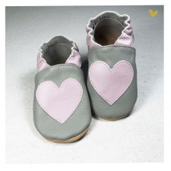 Chausson cuir souple coeur fond gris