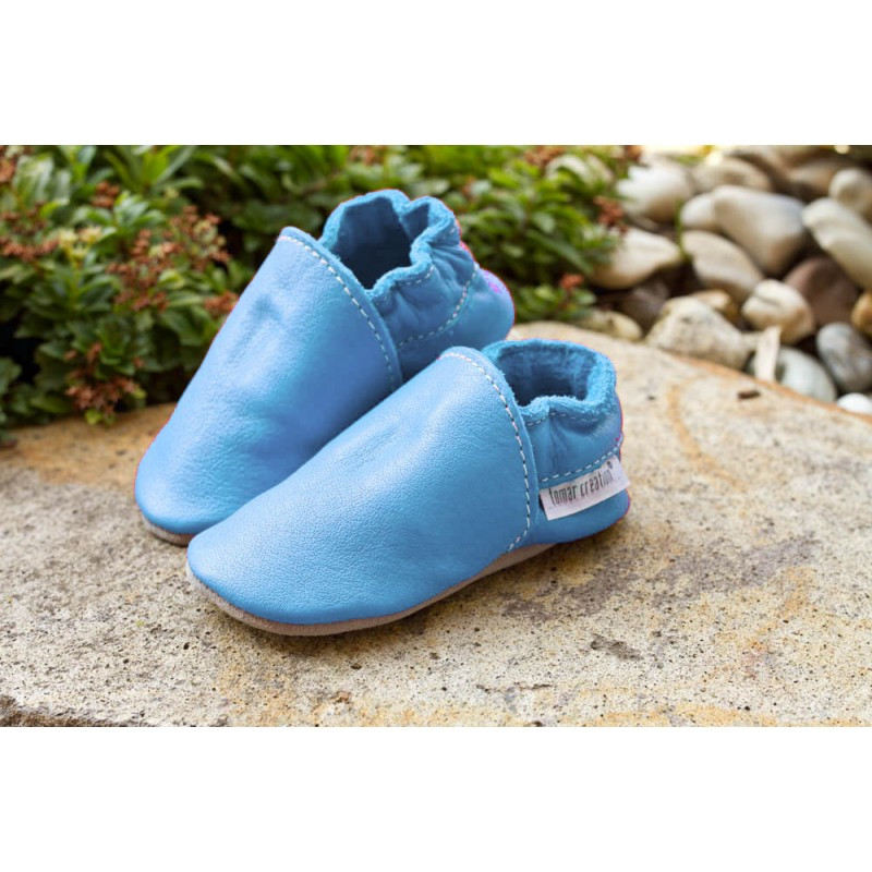 Chaussons cuir souple, cuir végétal, bleu, Baby Blue