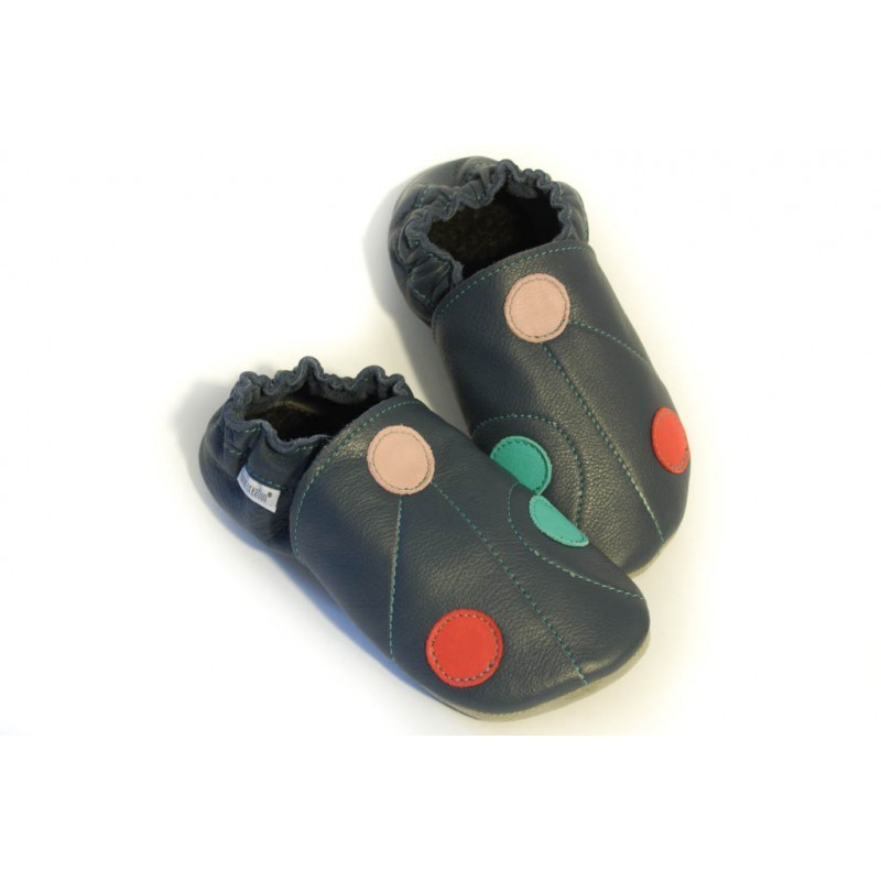 Chaussons cuir adulte Pois fond bleu Chaussons cuir adulte Pois fond bleu
