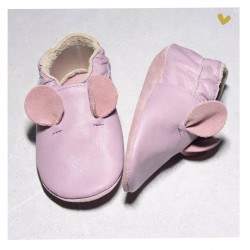 Chausson cuir souple Souris rose