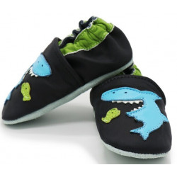 Chaussons cuir bébé Carozoo Dinosaure fond bleu pour enfant et bébé