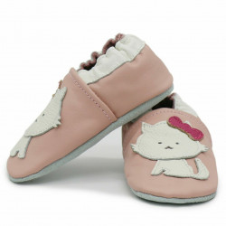 Chaussons cuir bébé Carozoo Chat fond rose