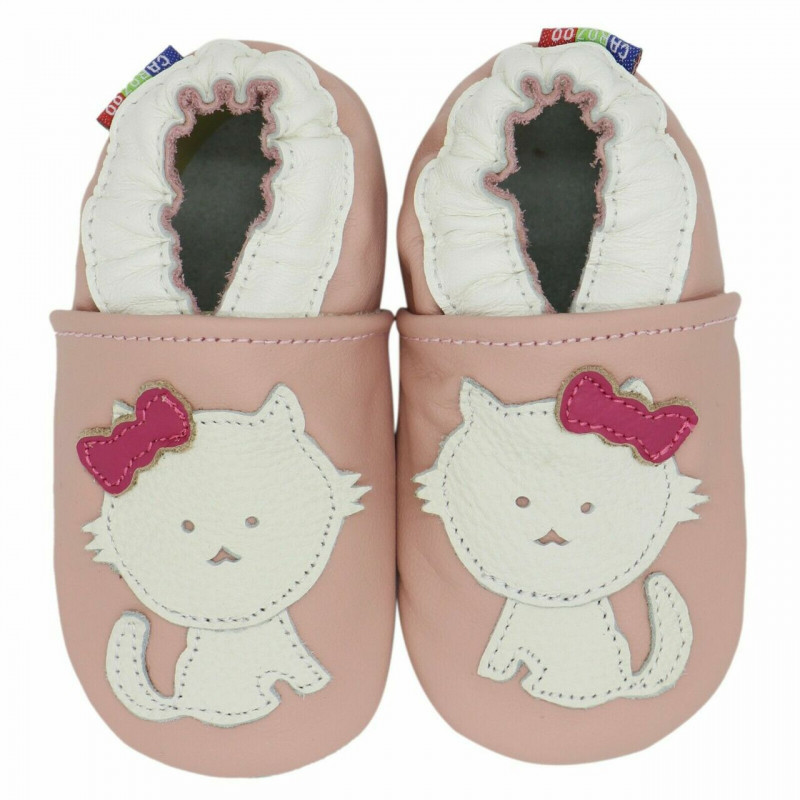 Chaussons cuir bébé Carozoo Chat fond rose