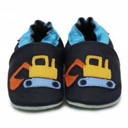 Chaussons cuir bébé Carozoo Tractopelle fond bleu marine