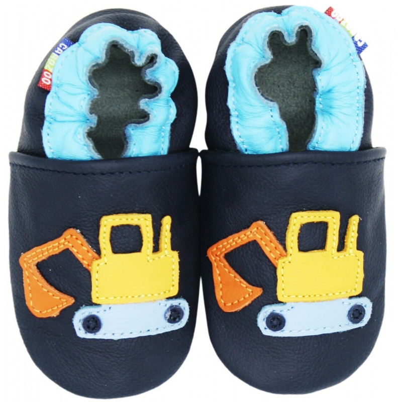 Chaussons cuir bébé Carozoo Tractopelle fond bleu marine