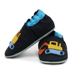 Chaussons cuir bébé Carozoo Tractopelle fond bleu marine