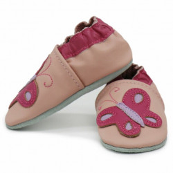 Chaussons cuir bébé Carozoo Papillon fond rose