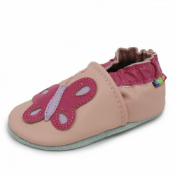 Chaussons cuir bébé Carozoo Papillon fond rose