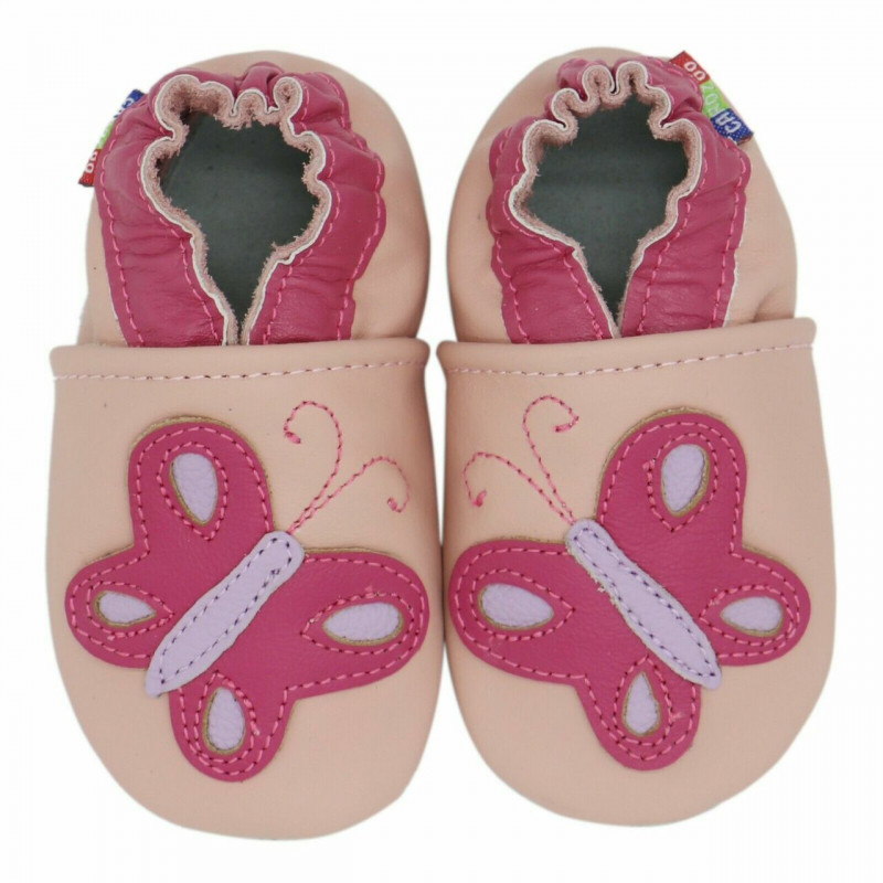 Chaussons cuir bébé Carozoo Papillon fond rose