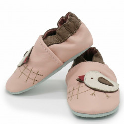 Chaussons cuir bébé Carozoo Oiseau fond rose