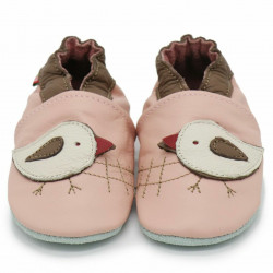 Chaussons cuir bébé Carozoo Oiseau fond rose