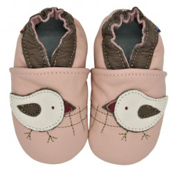 Chaussons cuir bébé Carozoo Oiseau fond rose