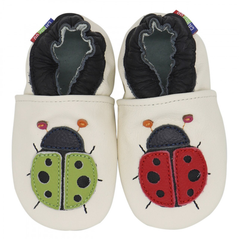 Chaussons cuir bébé Carozoo Coccinelle fond blanc