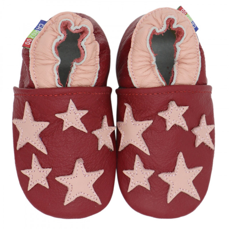 Chaussons cuir bébé Carozoo Etoiles roses fond rouge Chaussons cuir bébé Carozoo Etoiles roses fond rouge