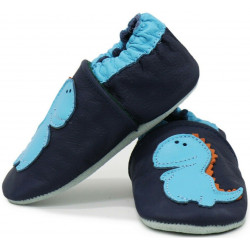 Chaussons cuir souple Carozoo - Dinosaure bleu