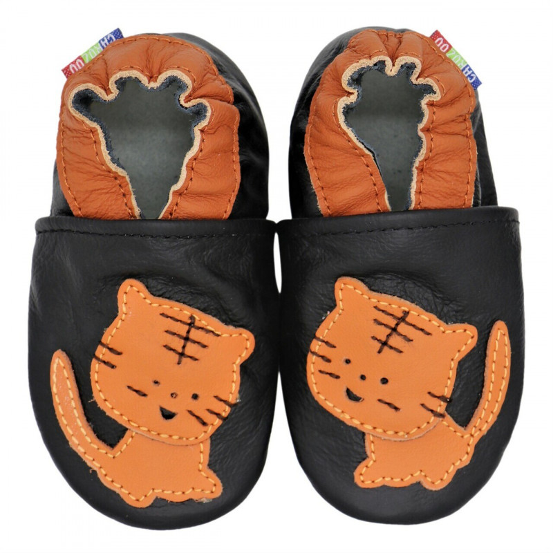 Chaussons cuir bébé Carozoo, Chat orange