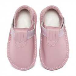 chaussures cuir pink glitter souples \\"P'tit scratch\\" Uni Barefoot bebe enfant