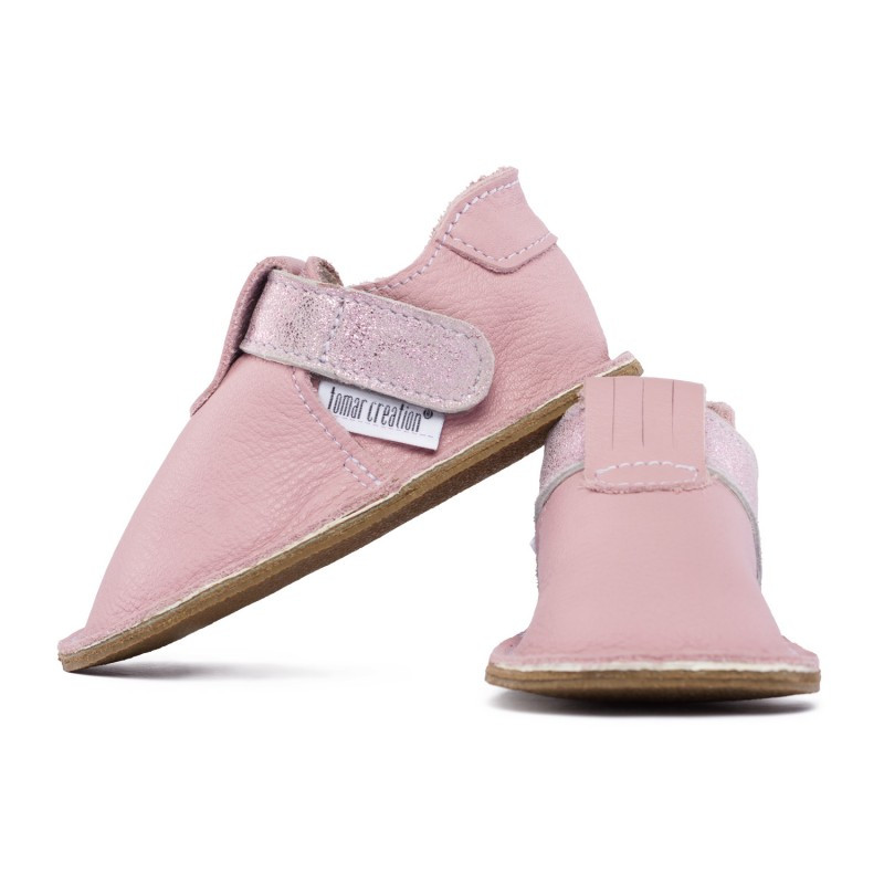 chaussures cuir pink glitter souples \\"P'tit scratch\\" Uni Barefoot bebe enfant