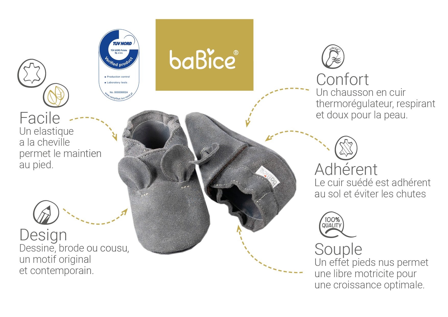 Détails des chaussons cuir souple babice